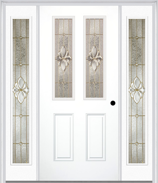 MMI 2-1/2 Lite 2 Panel 6'8" Fiberglass Smooth Heirlooms Brass Or Heirlooms Satin Nickel Exterior Prehung Door With 2 Full Lite Heirlooms Brass/Satin Nickel Decorative Glass Sidelights 692