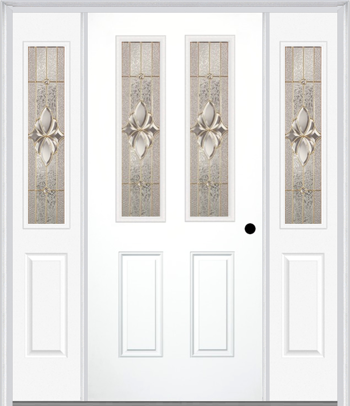 MMI 2-1/2 Lite 2 Panel 6'8" Fiberglass Smooth Heirlooms Brass Or Heirlooms Satin Nickel Exterior Prehung Door With 2 Half Lite Heirlooms Brass/Satin Nickel Decorative Glass Sidelights 692