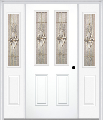 MMI 2-1/2 Lite 2 Panel 6'8" Fiberglass Smooth Heirlooms Brass Or Heirlooms Satin Nickel Exterior Prehung Door With 2 Half Lite Heirlooms Brass/Satin Nickel Decorative Glass Sidelights 692