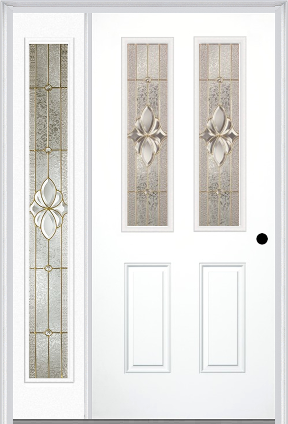 MMI 2-1/2 Lite 2 Panel 3'0" X 6'8" Fiberglass Smooth Heirlooms Brass Or Heirlooms Satin Nickel Exterior Prehung Door With 1 Full Lite Heirlooms Brass/Satin Nickel Decorative Glass Sidelight 692