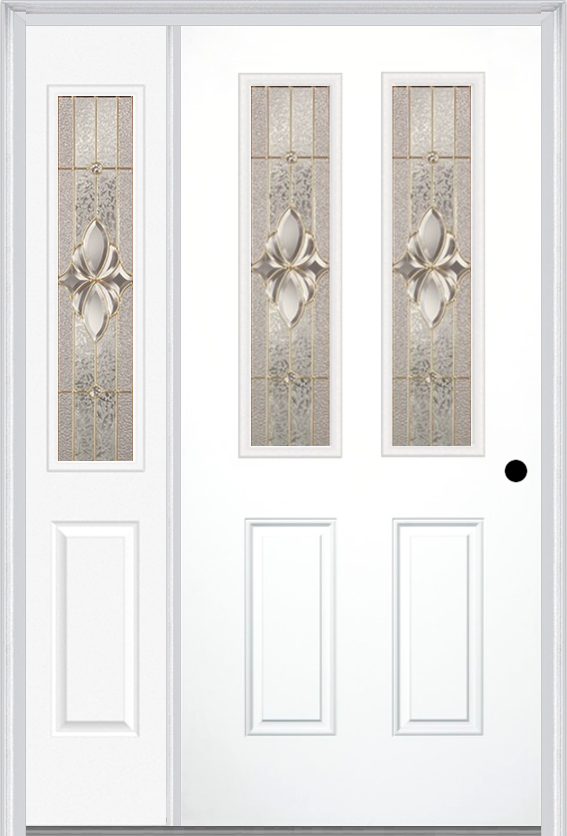 MMI 2-1/2 Lite 2 Panel 3'0" X 6'8" Fiberglass Smooth Heirlooms Brass Or Heirlooms Satin Nickel Exterior Prehung Door With 1 Half Lite Heirlooms Brass/Satin Nickel Decorative Glass Sidelight 692