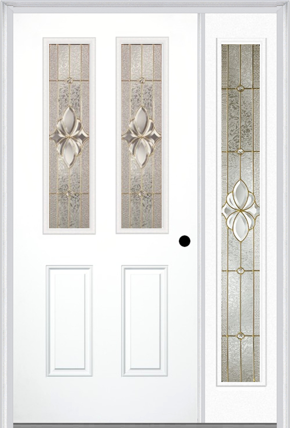 MMI 2-1/2 Lite 2 Panel 3'0" X 6'8" Fiberglass Smooth Heirlooms Brass Or Heirlooms Satin Nickel Exterior Prehung Door With 1 Full Lite Heirlooms Brass/Satin Nickel Decorative Glass Sidelight 692