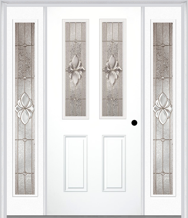MMI 2-1/2 Lite 2 Panel 6'8" Fiberglass Smooth Heirlooms Brass Or Heirlooms Satin Nickel Exterior Prehung Door With 2 Full Lite Heirlooms Brass/Satin Nickel Decorative Glass Sidelights 692