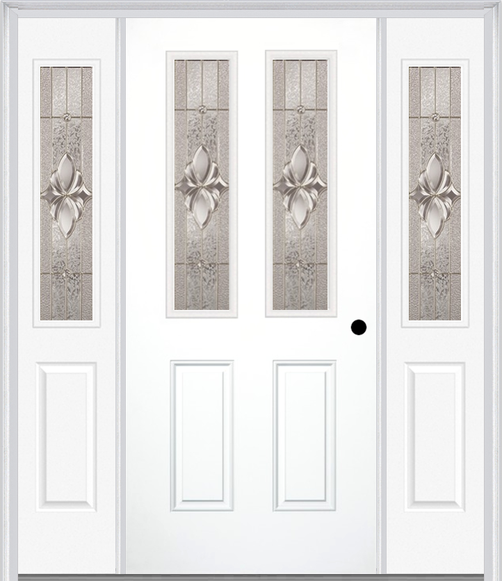MMI 2-1/2 Lite 2 Panel 6'8" Fiberglass Smooth Heirlooms Brass Or Heirlooms Satin Nickel Exterior Prehung Door With 2 Half Lite Heirlooms Brass/Satin Nickel Decorative Glass Sidelights 692