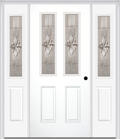 MMI 2-1/2 Lite 2 Panel 6'8" Fiberglass Smooth Heirlooms Brass Or Heirlooms Satin Nickel Exterior Prehung Door With 2 Half Lite Heirlooms Brass/Satin Nickel Decorative Glass Sidelights 692