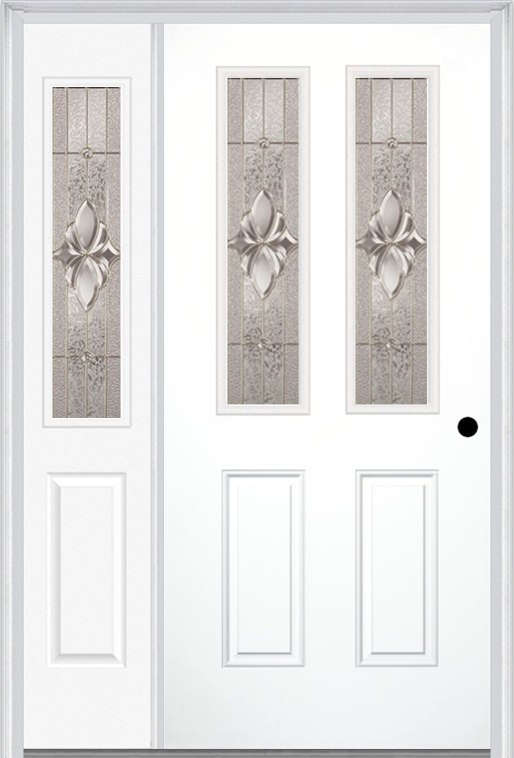 MMI 2-1/2 Lite 2 Panel 3'0" X 6'8" Fiberglass Smooth Heirlooms Brass Or Heirlooms Satin Nickel Exterior Prehung Door With 1 Half Lite Heirlooms Brass/Satin Nickel Decorative Glass Sidelight 692