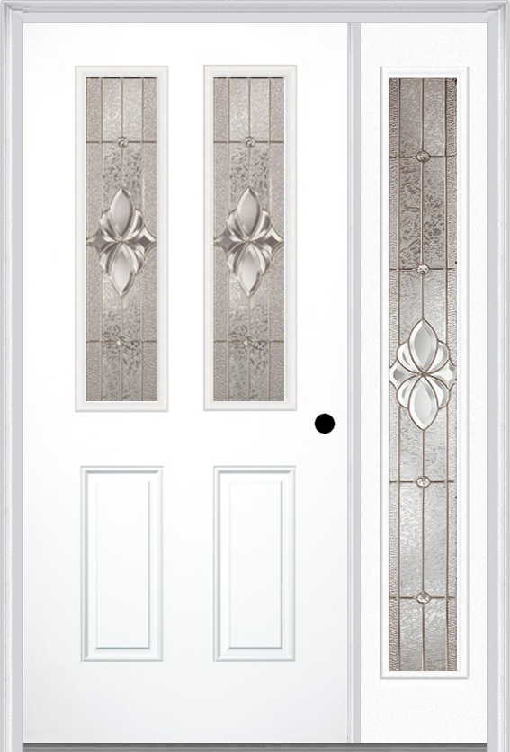 MMI 2-1/2 Lite 2 Panel 3'0" X 6'8" Fiberglass Smooth Heirlooms Brass Or Heirlooms Satin Nickel Exterior Prehung Door With 1 Full Lite Heirlooms Brass/Satin Nickel Decorative Glass Sidelight 692