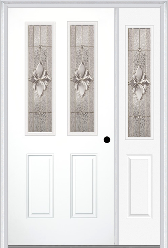 MMI 2-1/2 Lite 2 Panel 3'0" X 6'8" Fiberglass Smooth Heirlooms Brass Or Heirlooms Satin Nickel Exterior Prehung Door With 1 Half Lite Heirlooms Brass/Satin Nickel Decorative Glass Sidelight 692
