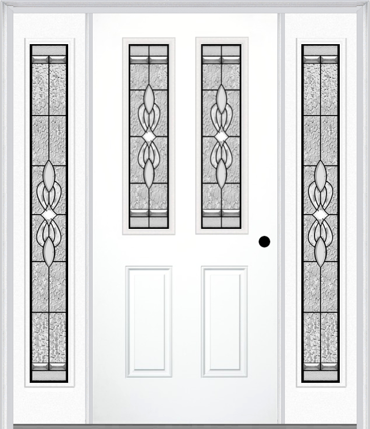 MMI 2-1/2 Lite 2 Panel 6'8" Fiberglass Smooth Jamestown Patina Exterior Prehung Door With 2 Full Lite Jamestown Patina Decorative Glass Sidelights 692