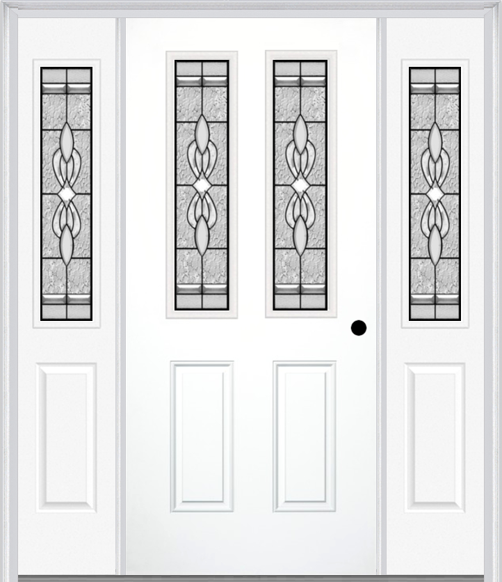 MMI 2-1/2 Lite 2 Panel 6'8" Fiberglass Smooth Jamestown Patina Exterior Prehung Door With 2 Half Lite Jamestown Patina Decorative Glass Sidelights 692
