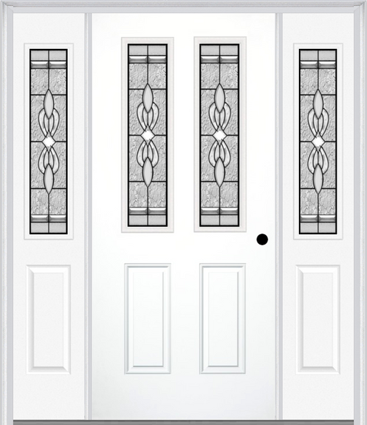 MMI 2-1/2 Lite 2 Panel 6'8" Fiberglass Smooth Jamestown Patina Exterior Prehung Door With 2 Half Lite Jamestown Patina Decorative Glass Sidelights 692