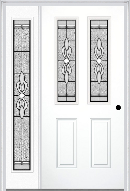 MMI 2-1/2 Lite 2 Panel 6'8" Fiberglass Smooth Jamestown Patina Exterior Prehung Door With 1 Full Lite Jamestown Patina Decorative Glass Sidelight 692