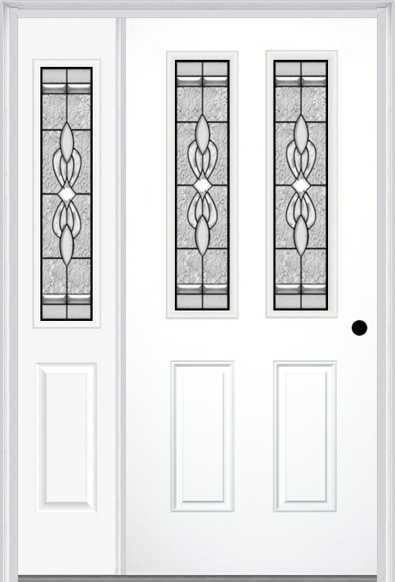 MMI 2-1/2 Lite 2 Panel 6'8" Fiberglass Smooth Jamestown Patina Exterior Prehung Door With 1 Half Lite Jamestown Patina Decorative Glass Sidelight 692