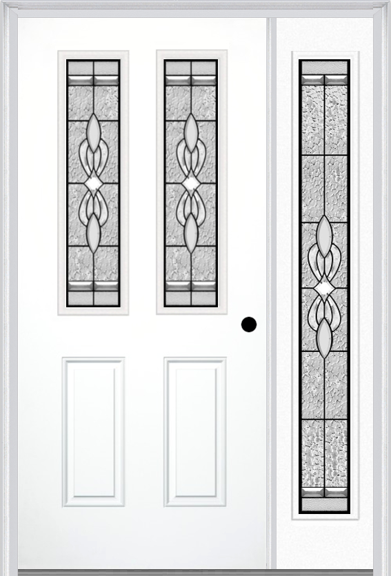 MMI 2-1/2 Lite 2 Panel 6'8" Fiberglass Smooth Jamestown Patina Exterior Prehung Door With 1 Full Lite Jamestown Patina Decorative Glass Sidelight 692
