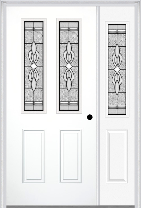 MMI 2-1/2 Lite 2 Panel 6'8" Fiberglass Smooth Jamestown Patina Exterior Prehung Door With 1 Half Lite Jamestown Patina Decorative Glass Sidelight 692
