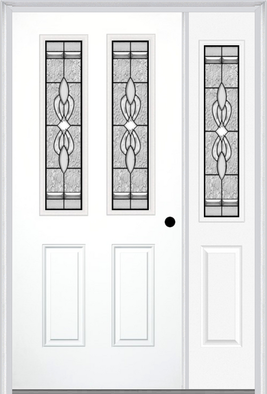 MMI 2-1/2 Lite 2 Panel 6'8" Fiberglass Smooth Jamestown Patina Exterior Prehung Door With 1 Half Lite Jamestown Patina Decorative Glass Sidelight 692