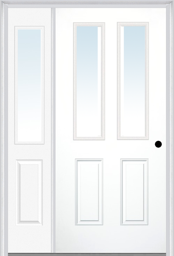 MMI 2-1/2 Lite 2 Panel 3'0" X 6'8" Fiberglass Smooth Exterior Prehung Door With 1 Half Lite Clear Glass Sidelight 62