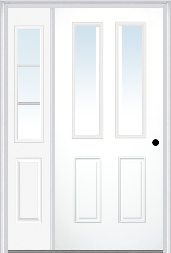MMI 2-1/2 Lite 2 Panel 3'0" X 6'8" Fiberglass Smooth Exterior Prehung Door With 1 Half Lite SDL Grilles Glass Sidelight 62