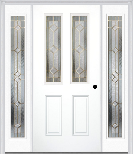 MMI 2-1/2 Lite 2 Panel 6'8" Fiberglass Smooth Majestic Brass Exterior Prehung Door With 2 Full Lite Majestic Brass Decorative Glass Sidelights 692