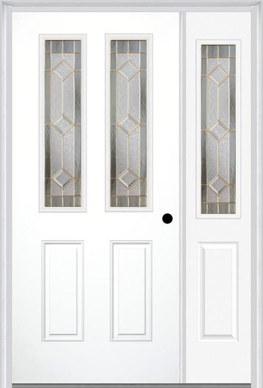 MMI 2-1/2 Lite 2 Panel 6'8" Fiberglass Smooth Majestic Brass Exterior Prehung Door With 1 Half Lite Majestic Brass Decorative Glass Sidelight 692