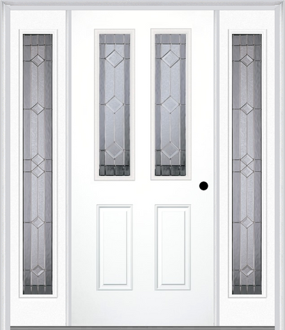 MMI 2-1/2 Lite 2 Panel 6'8" Fiberglass Smooth Majestic Nickel Exterior Prehung Door With 2 Full Lite Majestic Nickel Decorative Glass Sidelights 692