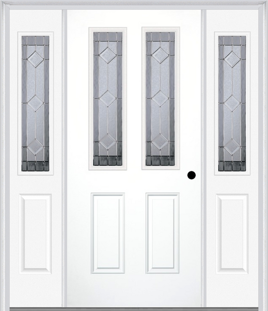 MMI 2-1/2 Lite 2 Panel 6'8" Fiberglass Smooth Majestic Nickel Exterior Prehung Door With 2 Half Lite Majestic Nickel Decorative Glass Sidelights 692