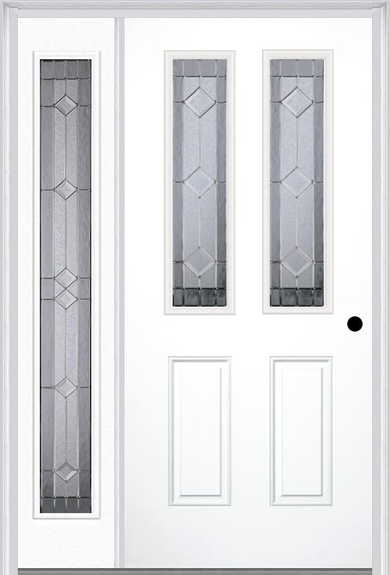 MMI 2-1/2 Lite 2 Panel 6'8" Fiberglass Smooth Majestic Nickel Exterior Prehung Door With 1 Full Lite Majestic Nickel Decorative Glass Sidelight 692
