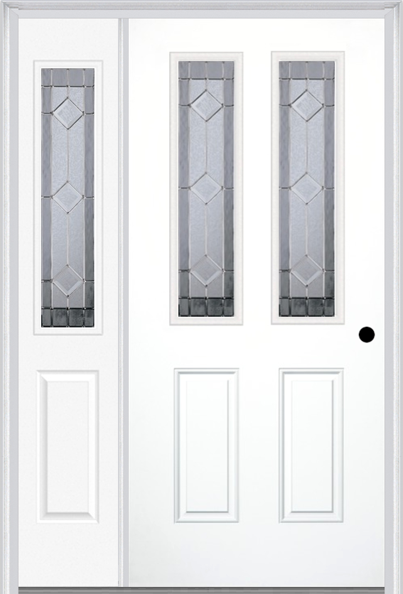 MMI 2-1/2 Lite 2 Panel 6'8" Fiberglass Smooth Majestic Nickel Exterior Prehung Door With 1 Half Lite Majestic Nickel Decorative Glass Sidelight 692