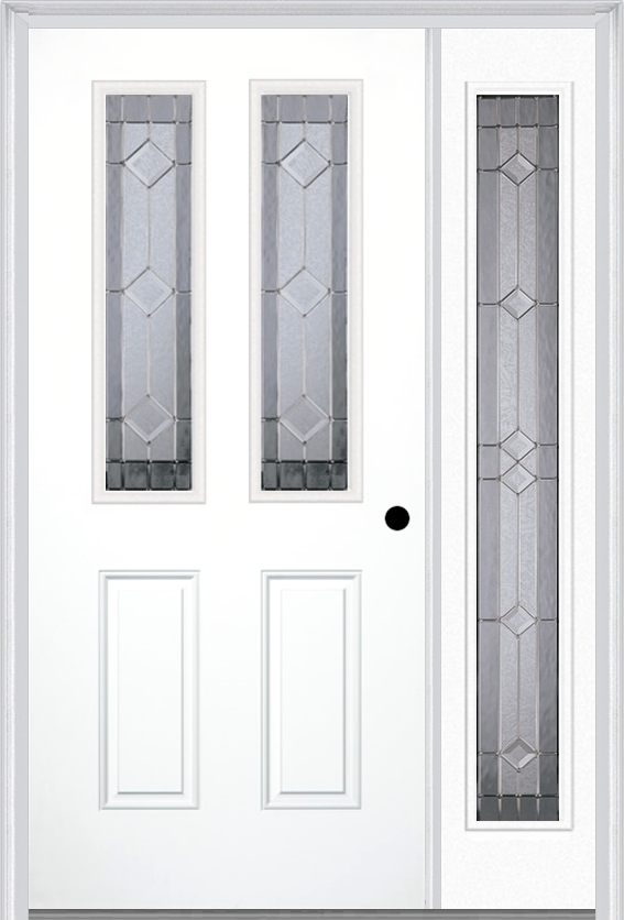MMI 2-1/2 Lite 2 Panel 6'8" Fiberglass Smooth Majestic Nickel Exterior Prehung Door With 1 Full Lite Majestic Nickel Decorative Glass Sidelight 692