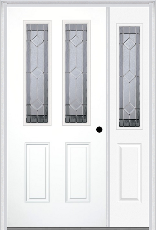 MMI 2-1/2 Lite 2 Panel 6'8" Fiberglass Smooth Majestic Nickel Exterior Prehung Door With 1 Half Lite Majestic Nickel Decorative Glass Sidelight 692