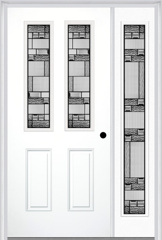 MMI 2-1/2 Lite 2 Panel 6'8" Fiberglass Smooth Metro Patina Exterior Prehung Door With 1 Full Lite Metro Patina Decorative Glass Sidelight 692