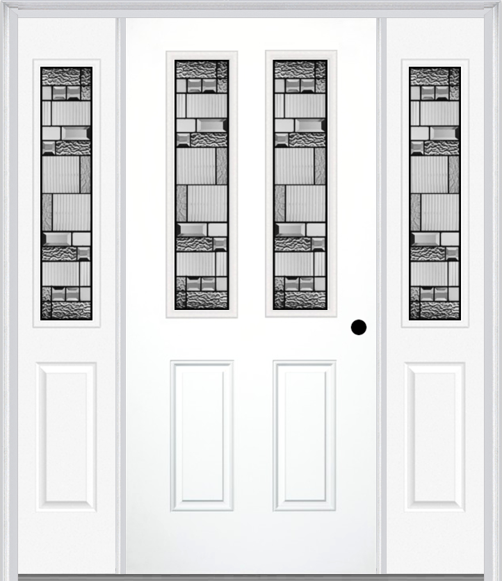 MMI 2-1/2 Lite 2 Panel 6'8" Fiberglass Smooth Metro Patina Exterior Prehung Door With 2 Half Lite Metro Patina Decorative Glass Sidelights 692