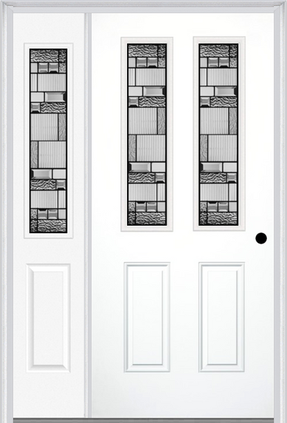 MMI 2-1/2 Lite 2 Panel 6'8" Fiberglass Smooth Metro Patina Exterior Prehung Door With 1 Half Lite Metro Patina Decorative Glass Sidelight 692