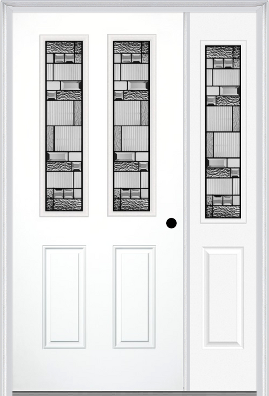 MMI 2-1/2 Lite 2 Panel 6'8" Fiberglass Smooth Metro Patina Exterior Prehung Door With 1 Half Lite Metro Patina Decorative Glass Sidelight 692