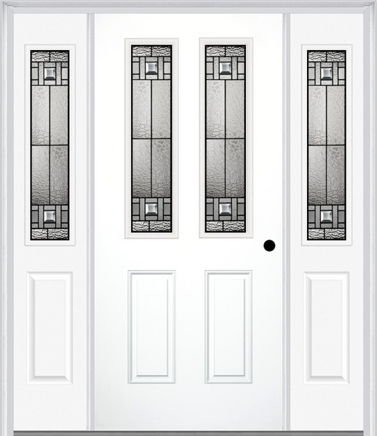 MMI 2-1/2 Lite 2 Panel 6'8" Fiberglass Smooth Noble Patina Exterior Prehung Door With 2 Half Lite Noble Patina Decorative Glass Sidelights 692
