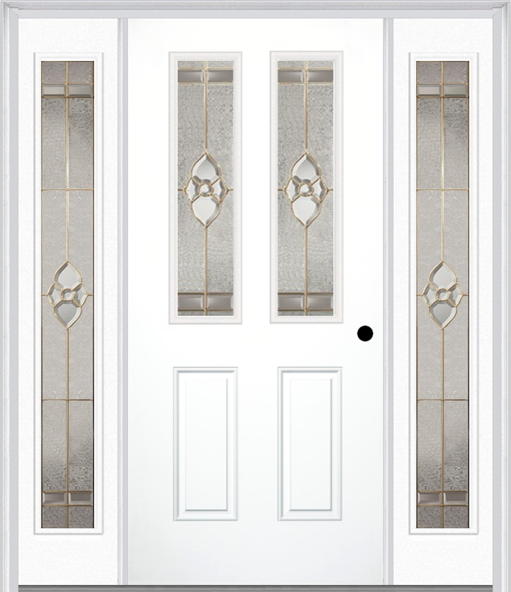 MMI 2-1/2 Lite 2 Panel 6'8" Fiberglass Smooth Nouveau Nickel Or Nouveau Patina Exterior Prehung Door With 2 Full Lite Nouveau Brass/Nickel/Patina Decorative Glass Sidelights 692