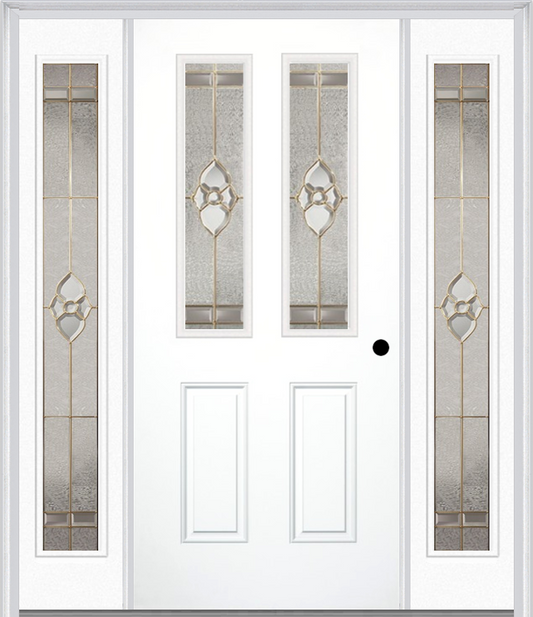 MMI 2-1/2 Lite 2 Panel 6'8" Fiberglass Smooth Nouveau Nickel Or Nouveau Patina Exterior Prehung Door With 2 Full Lite Nouveau Brass/Nickel/Patina Decorative Glass Sidelights 692