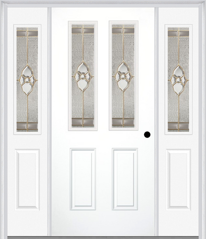 MMI 2-1/2 Lite 2 Panel 6'8" Fiberglass Smooth Nouveau Brass, Nouveau Nickel, Or Nouveau Patina Exterior Prehung Door With 2 Half Lite Nouveau Brass/Nickel/Patina Decorative Glass Sidelights 692