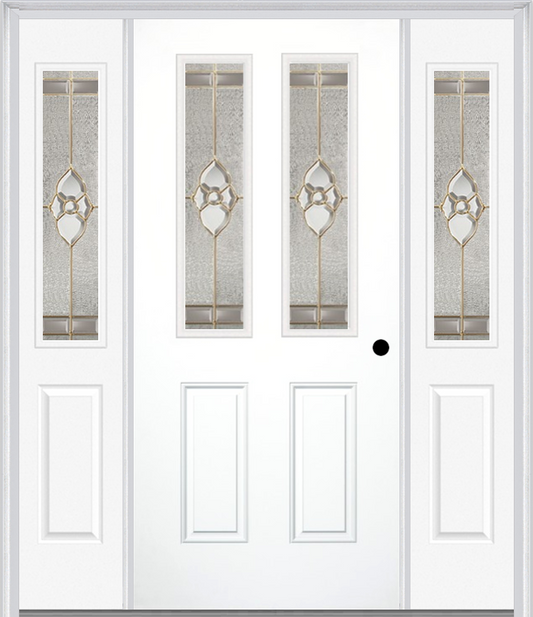 MMI 2-1/2 Lite 2 Panel 6'8" Fiberglass Smooth Nouveau Nickel Or Nouveau Patina Exterior Prehung Door With 2 Half Lite Nouveau Brass/Nickel/Patina Decorative Glass Sidelights 692