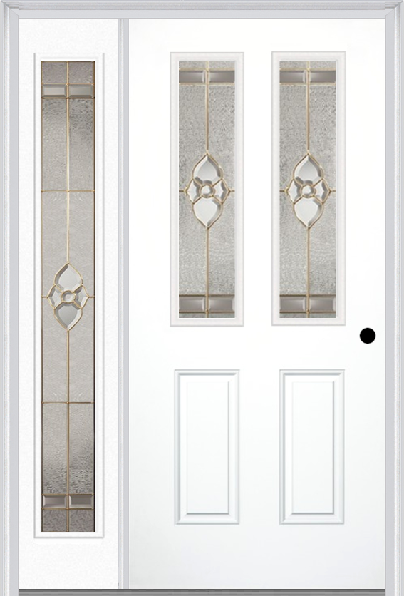 MMI 2-1/2 Lite 2 Panel 3'0" X 6'8" Fiberglass Smooth Nouveau Nickel Or Nouveau Patina Exterior Prehung Door With 1 Full Lite Nouveau Brass/Nickel/Patina Decorative Glass Sidelight 692