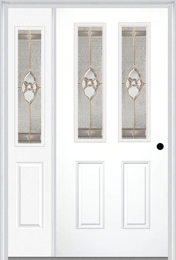 MMI 2-1/2 Lite 2 Panel 3'0" X 6'8" Fiberglass Smooth Nouveau Nickel Or Nouveau Patina Exterior Prehung Door With 1 Half Lite Nouveau Brass/Nickel/Patina Decorative Glass Sidelight 692