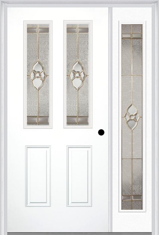 MMI 2-1/2 Lite 2 Panel 3'0" X 6'8" Fiberglass Smooth Nouveau Nickel Or Nouveau Patina Exterior Prehung Door With 1 Full Lite Nouveau Brass/Nickel/Patina Decorative Glass Sidelight 692