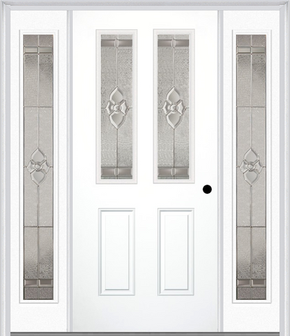 MMI 2-1/2 Lite 2 Panel 6'8" Fiberglass Smooth Nouveau Nickel Or Nouveau Patina Exterior Prehung Door With 2 Full Lite Nouveau Brass/Nickel/Patina Decorative Glass Sidelights 692