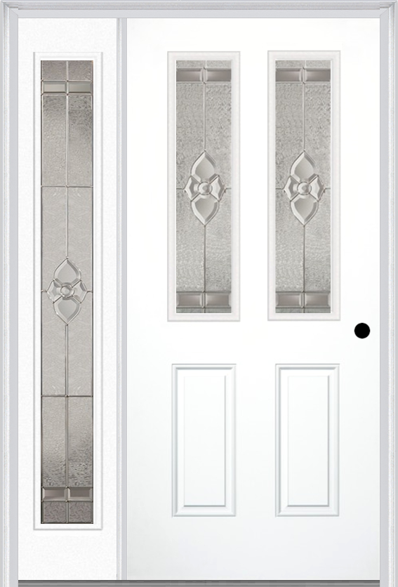 MMI 2-1/2 Lite 2 Panel 3'0" X 6'8" Fiberglass Smooth Nouveau Nickel Or Nouveau Patina Exterior Prehung Door With 1 Full Lite Nouveau Brass/Nickel/Patina Decorative Glass Sidelight 692