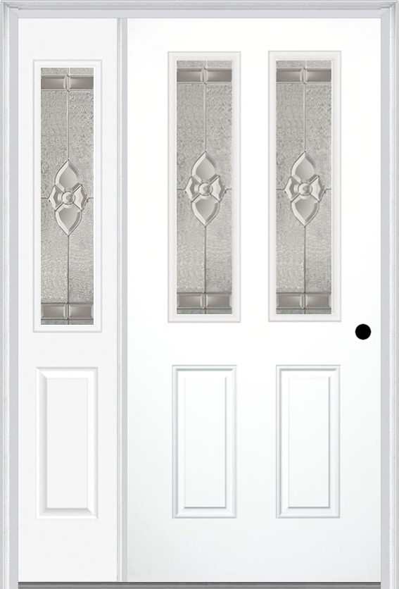 MMI 2-1/2 Lite 2 Panel 3'0" X 6'8" Fiberglass Smooth Nouveau Nickel Or Nouveau Patina Exterior Prehung Door With 1 Half Lite Nouveau Brass/Nickel/Patina Decorative Glass Sidelight 692