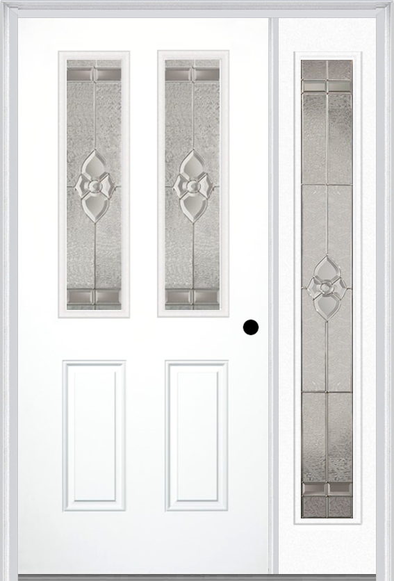 MMI 2-1/2 Lite 2 Panel 3'0" X 6'8" Fiberglass Smooth Nouveau Nickel Or Nouveau Patina Exterior Prehung Door With 1 Full Lite Nouveau Brass/Nickel/Patina Decorative Glass Sidelight 692