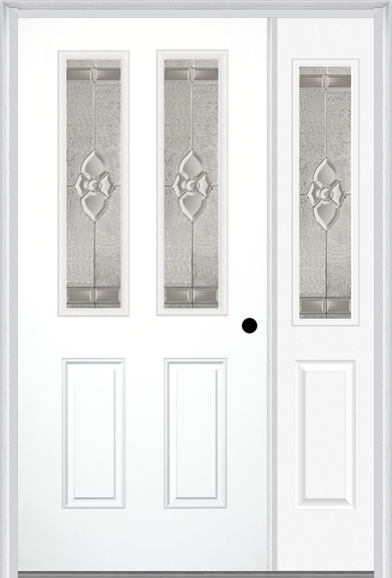 MMI 2-1/2 Lite 2 Panel 3'0" X 6'8" Fiberglass Smooth Nouveau Nickel Or Nouveau Patina Exterior Prehung Door With 1 Half Lite Nouveau Brass/Nickel/Patina Decorative Glass Sidelight 692