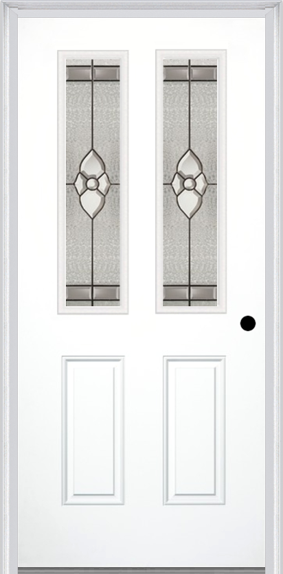 MMI 2-1/2 Lite 2 Panel 6'8" Fiberglass Smooth Nouveau Nickel Or Nouveau Patina Decorative Glass Exterior Prehung Door 692