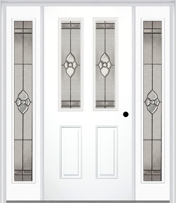 MMI 2-1/2 Lite 2 Panel 6'8" Fiberglass Smooth Nouveau Nickel Or Nouveau Patina Exterior Prehung Door With 2 Full Lite Nouveau Brass/Nickel/Patina Decorative Glass Sidelights 692