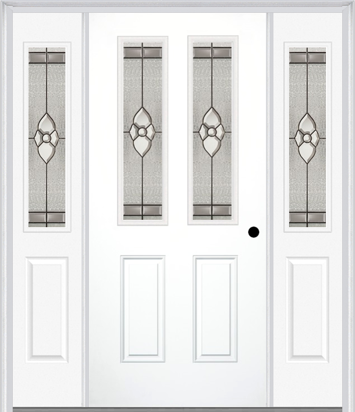 MMI 2-1/2 Lite 2 Panel 6'8" Fiberglass Smooth Nouveau Nickel Or Nouveau Patina Exterior Prehung Door With 2 Half Lite Nouveau Brass/Nickel/Patina Decorative Glass Sidelights 692